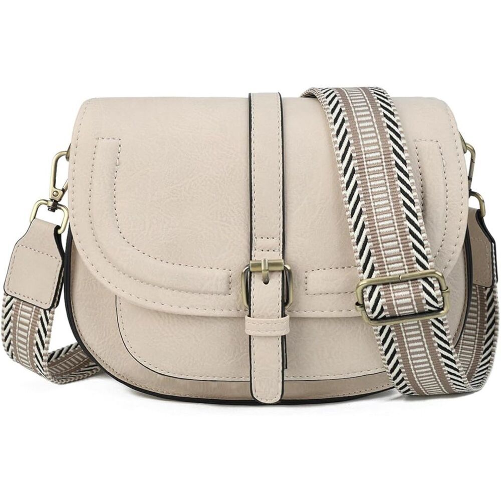 Women Beige Wide Strap Imported Vegan Leather Small Saddle Cross Body Handbags